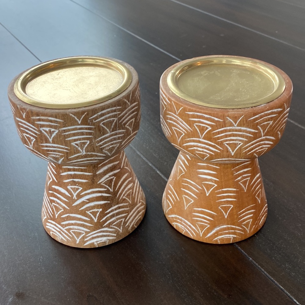 Opalhouse Boho Carved Wood Tribal Candle Pillar Holder Set